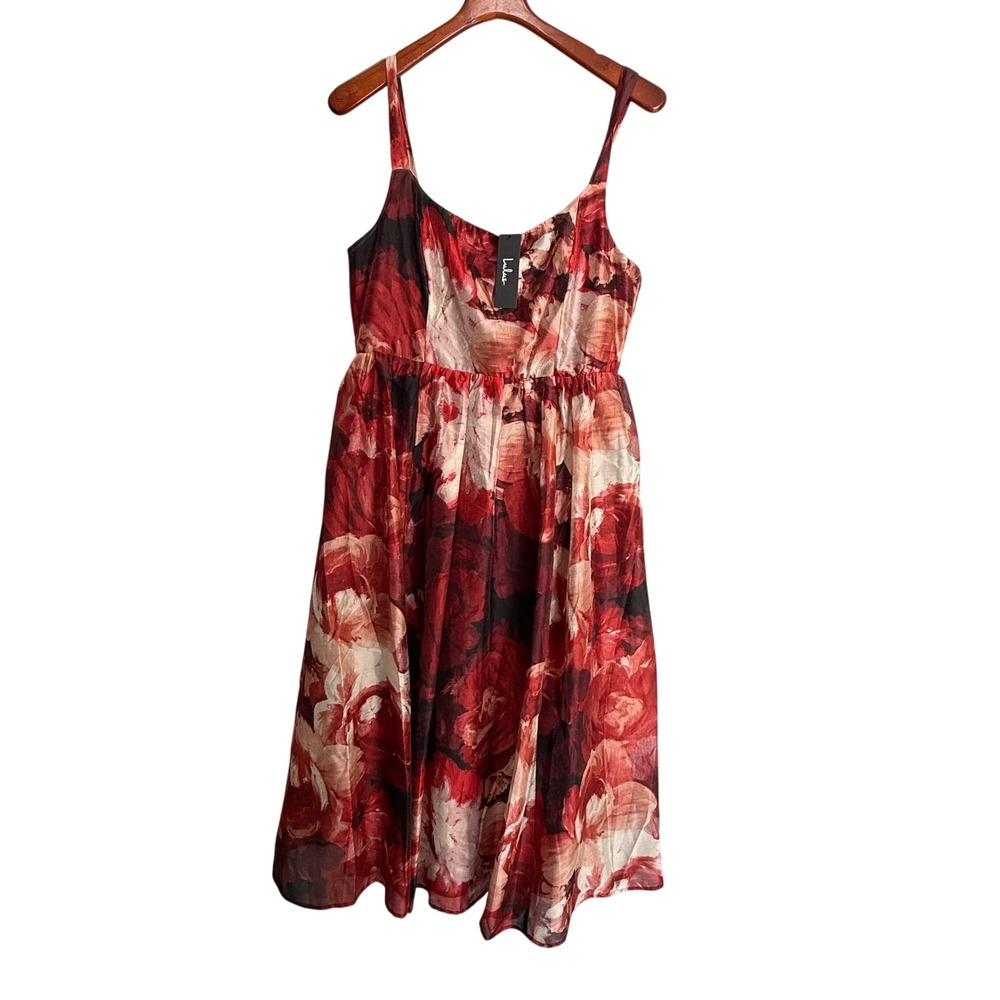 Lulus Red Floral Print Midi Dress XL Adjustable Straps Square Neck Wedding Guest